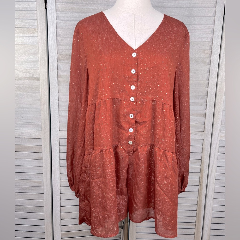ENTRO Gauzy Boho Long Sleeve Romper Rust with Gold Stars-Medium